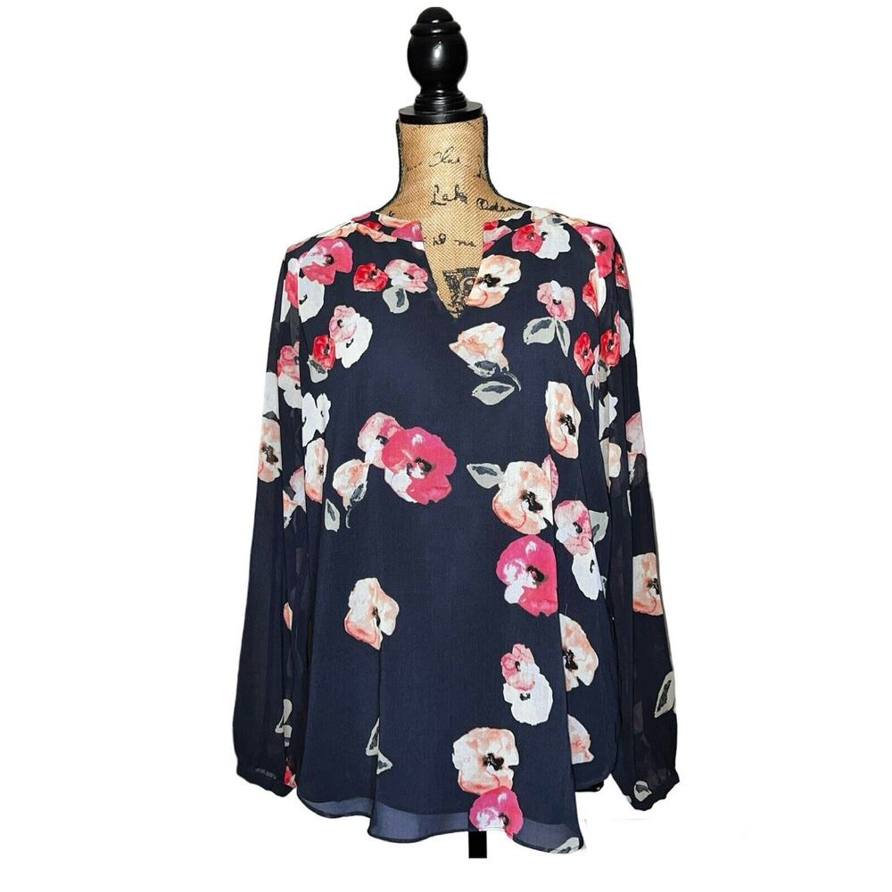 CABI DK BLUE PINK WHITE FLORAL FLOWY TUNIC BLOUSE V NECK SZ M SHEER SHEER SLEEVE